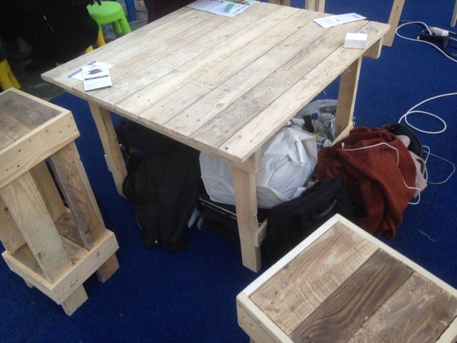 Tables made from old pallets.  Very nice, but apparently they're about as much as you can really expect from the grassroots.  