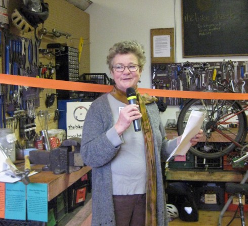 Susan Gregory at the opening of the NE Seattle Tool Library/